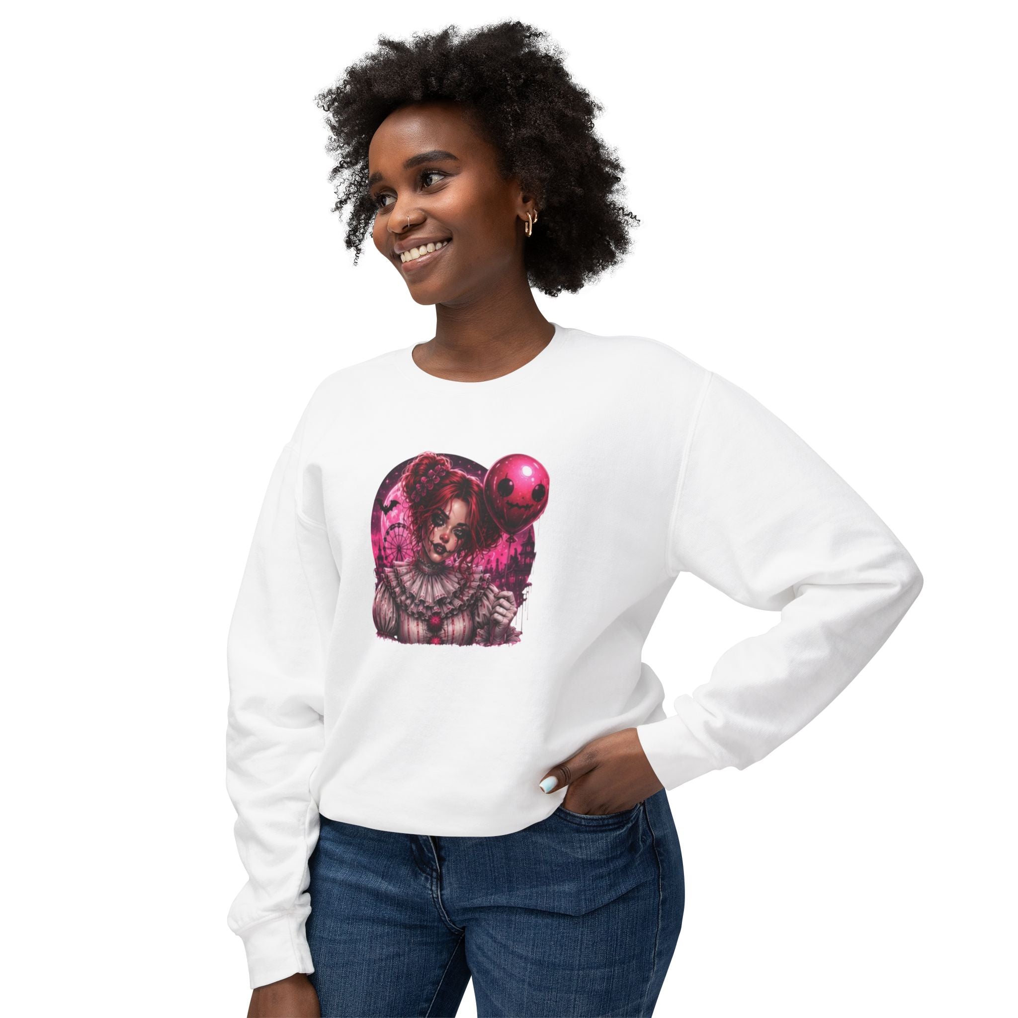 Creepy Clown Portrait Sweatshirt — Gothic Pink Horror Crewneck