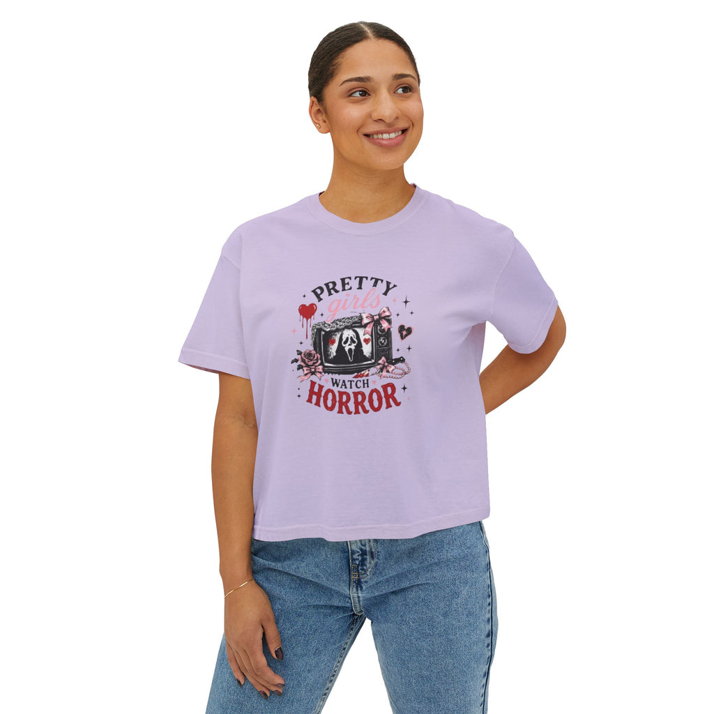 Boxy Tee — "Pretty Girls Watch Horror" Graphic Top